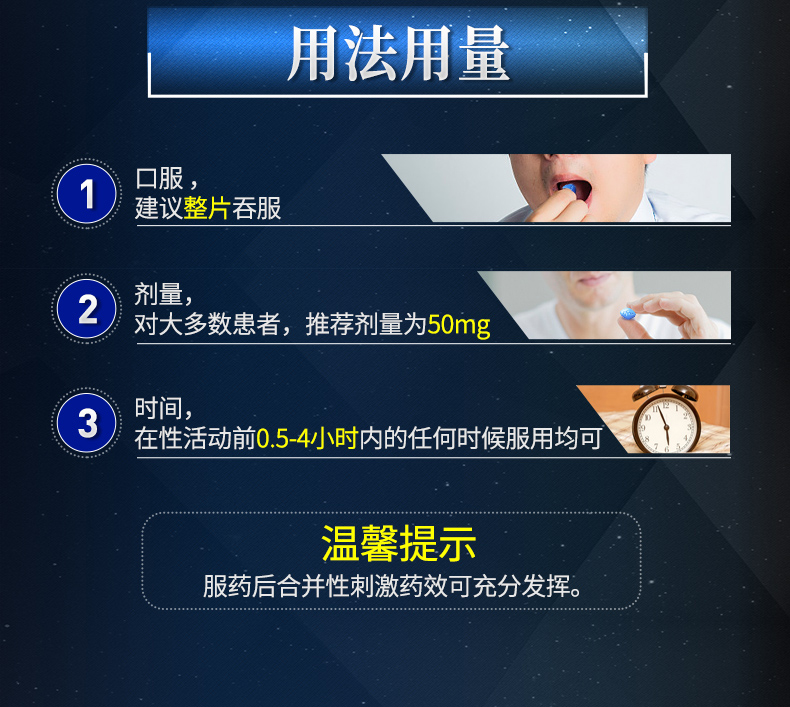 5.万艾可用法用量，万艾可枸橼酸西地那非片50mg*2片使用方法和剂量。
